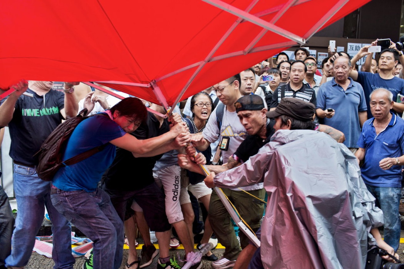 An encampment being broken apart in Mong Kok.jpg