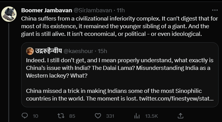 Hindutva influencers think China has an inferiority complex to India.png