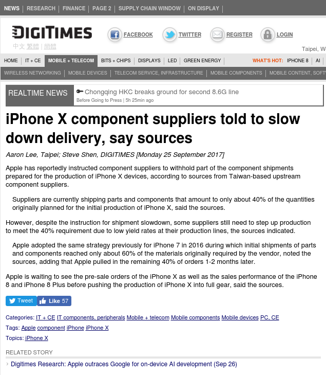 iPhone X component suppliers told to slow down delivery, say sources - Digitimes 20170925 00.png