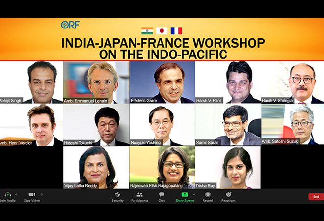 India-Japan-France, India, Japan, Observer Research Foundation, geopolitical frameworks, economic cooperation, multilateral regional order, free of hegemony, Chinese navy, Indo-Pacific, anti-submarine, warfare exercises, France, G20, open-source hardware, 5G, security challenges, human rights, cyber attacks, cyber crimes, AI, digital revolution, disinformation, destabilisation, ASEAN, private companies, telecommunication, moderate content