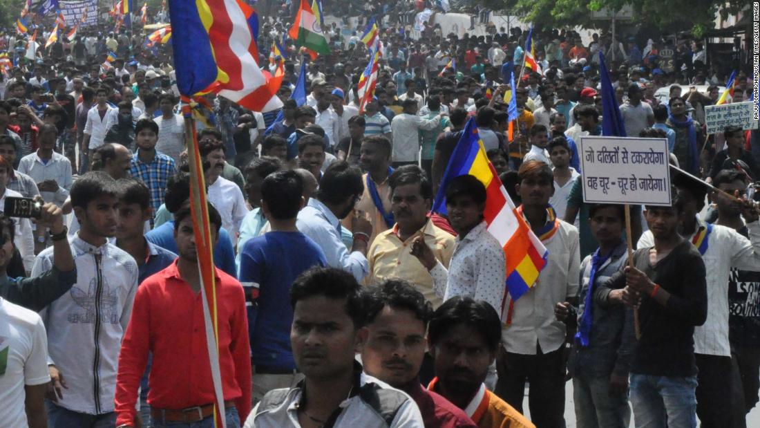 Dalits protest a Supreme Court order affecting their rights on April 2, 2018, in Agra, India. 