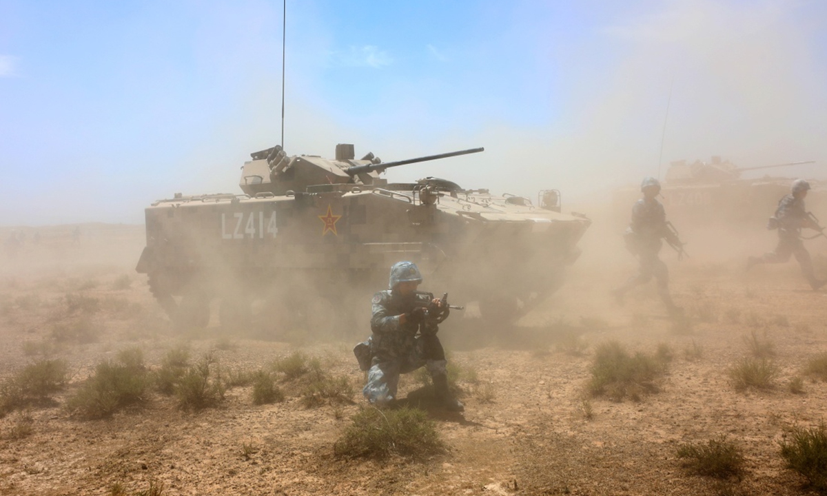 Military personnel conduct adaptive training for a joint military drill on Aug. 3, 2021. A joint military exercise by the Chinese and Russian armies will be held from Aug. 9 to 13 at a training base of the People's Liberation Army (PLA) in northwest China's Ningxia Hui Autonomous Region.Photo:China Military