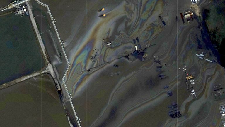 Satellite imagery reveals the extent of the oil spill off the coast of Belle Chase, Louisiana. Pic: AP / Maxar