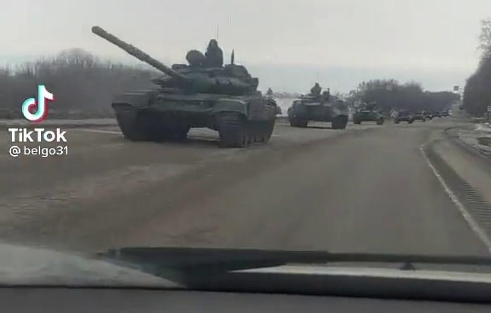 A convoy of tanks 25km from the Ukraine border as it is confirmed that Russian military exercises in Belarus will continue on Sunday