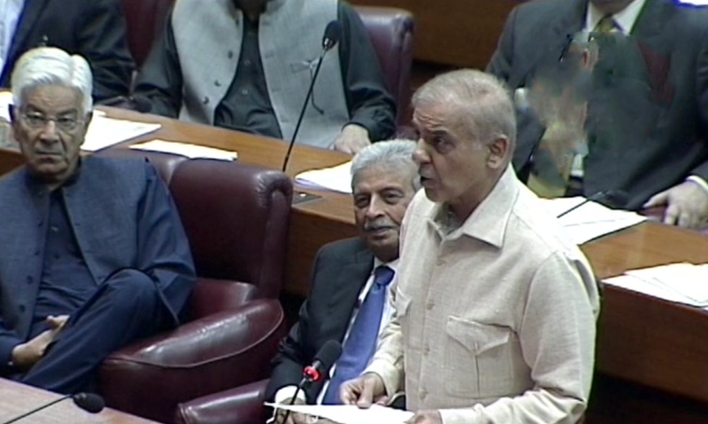 Leader of the Opposition Shehbaz Sharif presents the no-trust resolution against PM Imran Khan. — Photo: DawnNewsTV