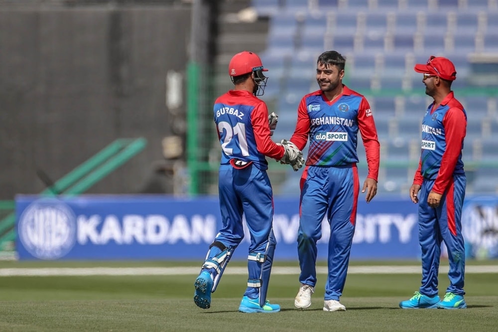 Rashid Khan celebrates a breakthrough, Afghanistan vs Ireland, 2nd ODI, Abu Dhabi, January 24, 2021. — Photo courtesy Abu Dhabi Cricket