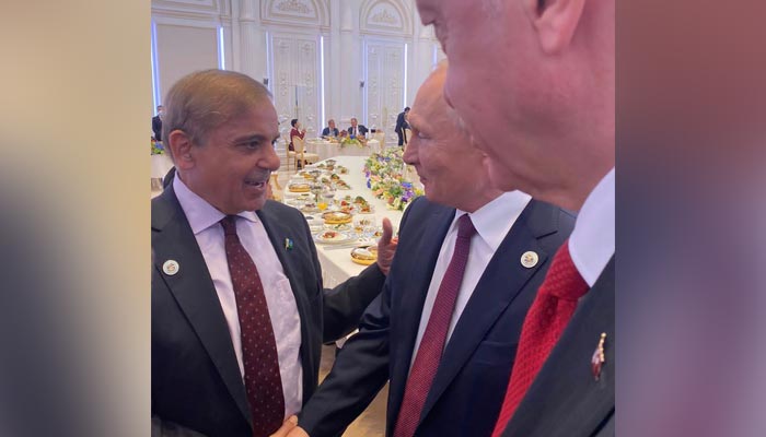 Prime Minister Shehbaz Sharif meets Russian President Vladimir Putin. — Twitter