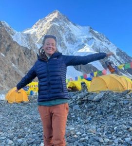 Kristin Harila smiles some days ago at K2 Base Camp