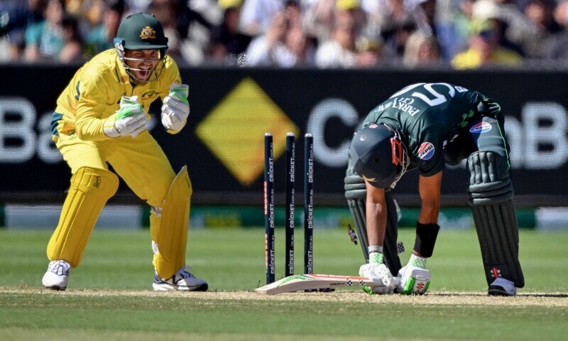 Australia’s wicketkeeper Josh Inglis reacts after Pakistan’s batsman Mohammad Rizwan was dismissed during the first one-day International (ODI) cricket match between Australia and Pakistan at the Melbourne Cricket Ground (MCG) in Melbourne on November 4, 2024. — AFP