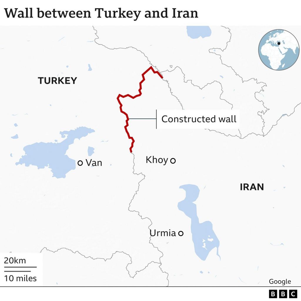 Map shows how border wall stretches more than half the length of Turkey's border with Iran