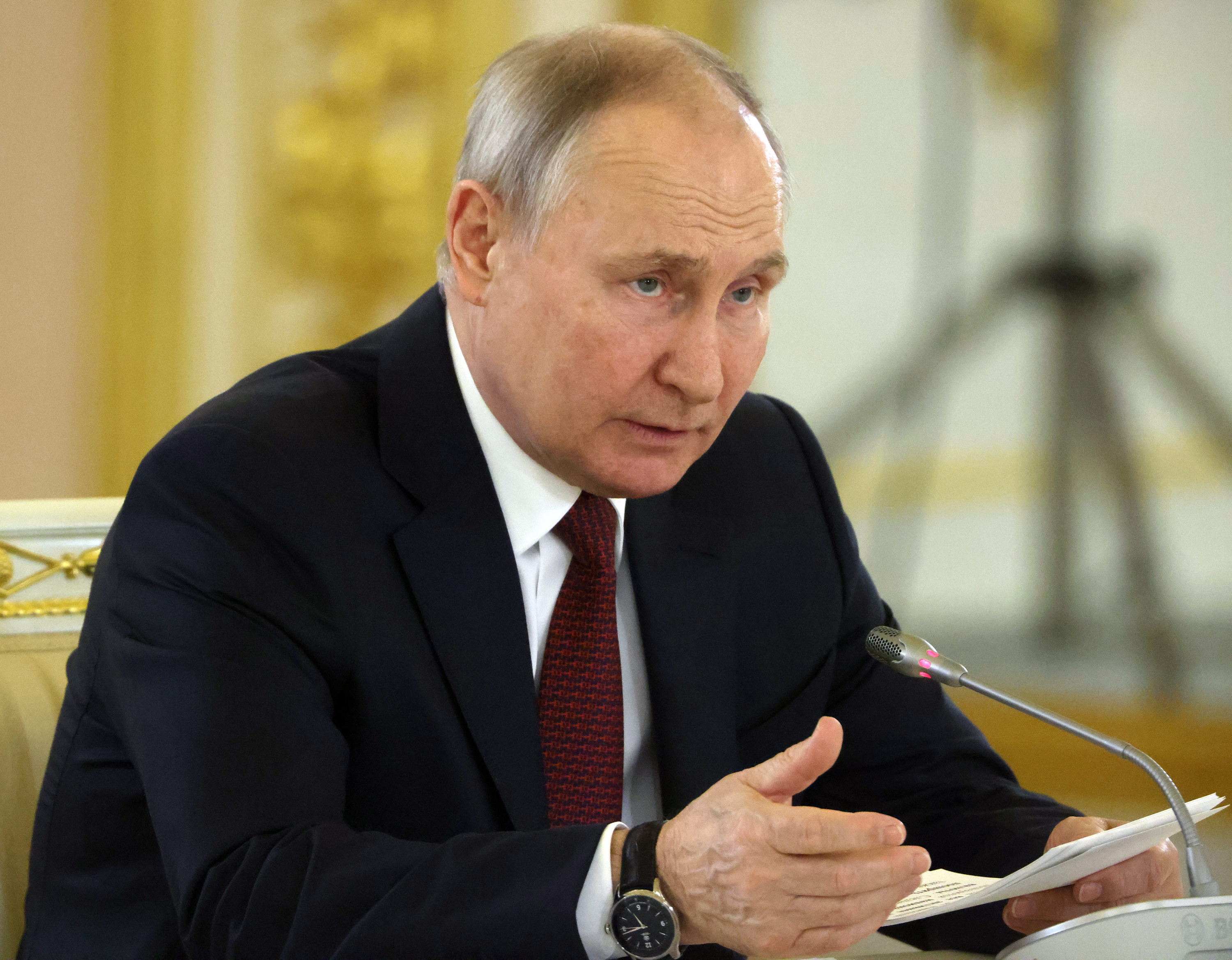 Russian President Vladimir Putin speaks during the Russian-Chinese talks at the Grand Kremlin Palace, on March 21, in Moscow, Russia.