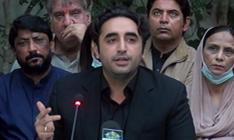 PPP Chairman Bilawal Bhutto-Zardari speaks to the media in Karachi on Monday. — DawnNewsTV