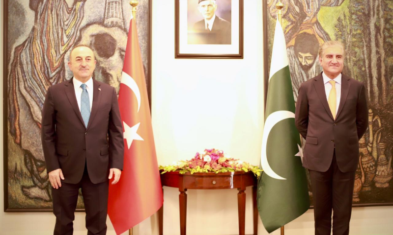 Turkish Foreign Minister Mevlut Cavusoglu and Foreign Minister Shah Mahmood Qureshi at the Foreign Office. — Photo by FO