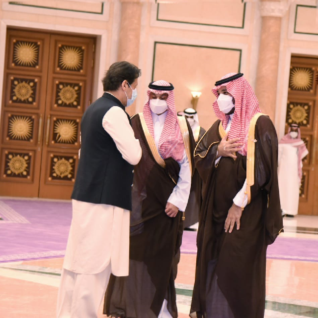 the crown prince of saudi arabia muhammad bin salman receives prime minister imran khan upon his arrival at middle east green initiative summit in riyadh photo pm office