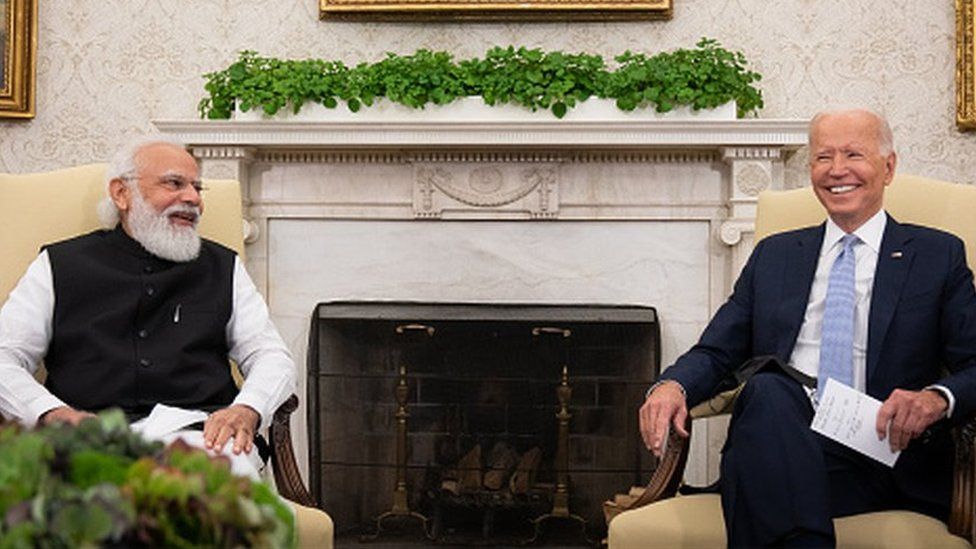 U.S. President Joe Biden (R) and Indian Prime Minister Narendra Modi participate in a bilateral meeting in the Oval Office of the White House on September 24, 2021 in Washington, DC.