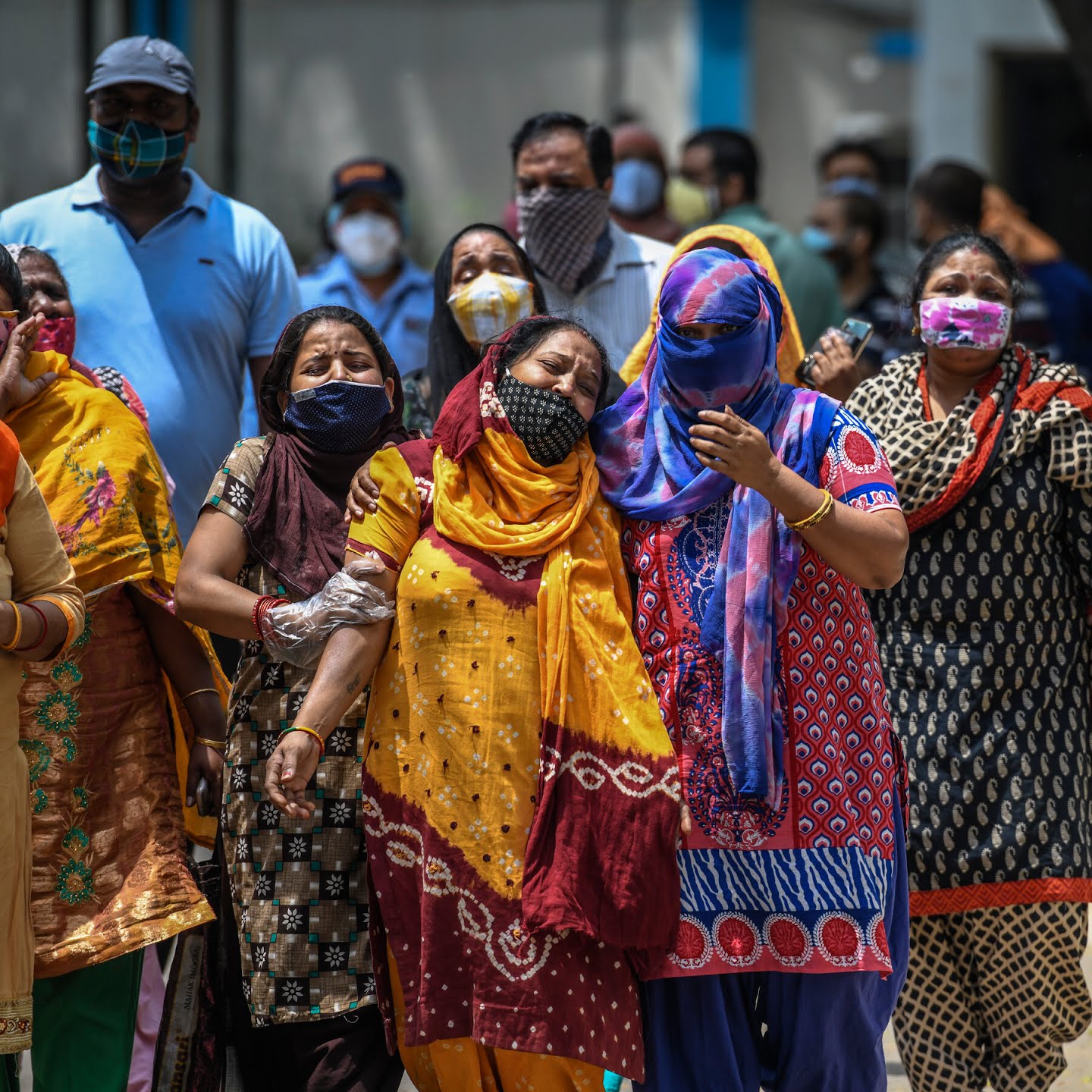 Relatives mourning outside a hospital mortuary in Delhi after seeing bodies of Covid-19 victims on Friday.