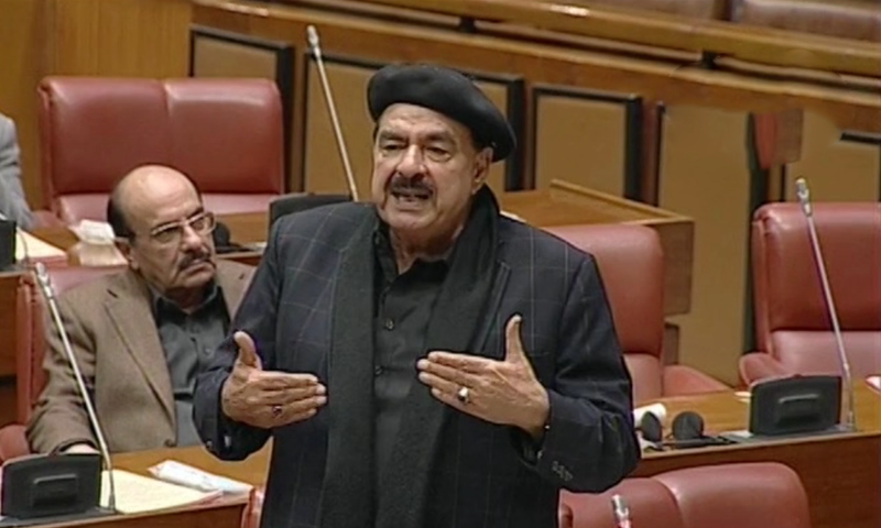 Interior Minister Sheikh Rashid Ahmed speaks in the Senate on Monday. — DawnNewsTV