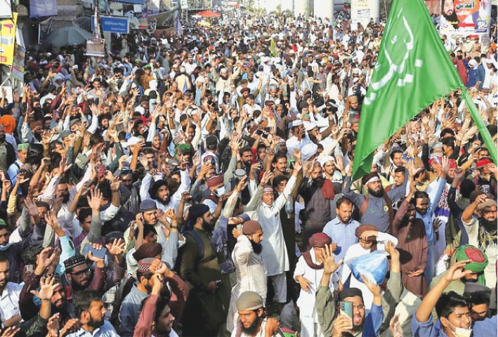 Supporters of Tehreek-i-Labbaik Pakistan at a protest in Lahore on October 22 | AP