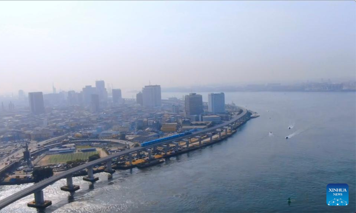 This video screenshot shows a train running during a trial operation of the first phase of a China-built electric-powered light rail project in Lagos, Nigeria, Jan 23, 2023. Photo:Xinhua