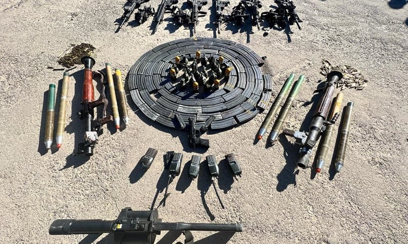 Weapons confiscated by security forces after operations following attacks on security forces' camps in Balochistan's Panjgur and Naushki areas. — Photo ISPR