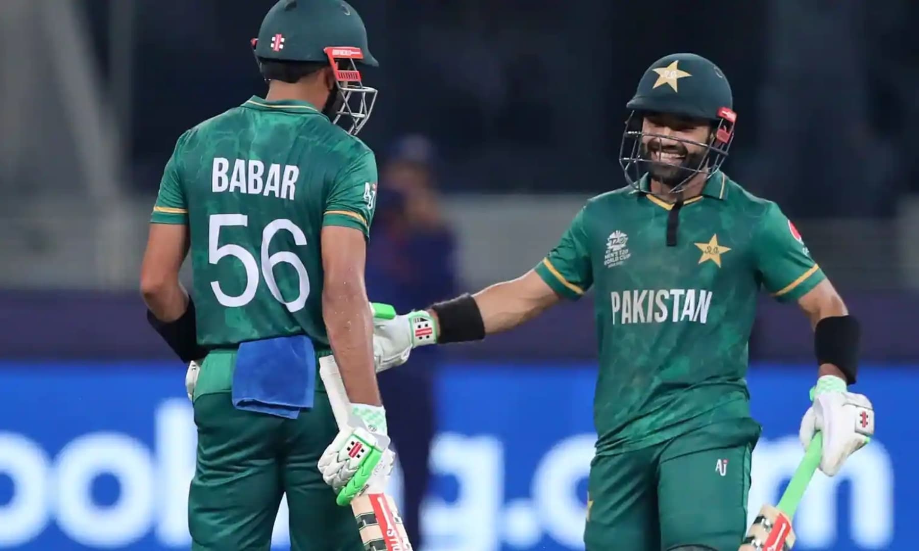 A photo of Pakistan captain Babar Azam, left, and Mohammad Rizwan during the Twenty20 World Cup match between India and Pakistan in Dubai, UAE on October 24, 2021. — AP