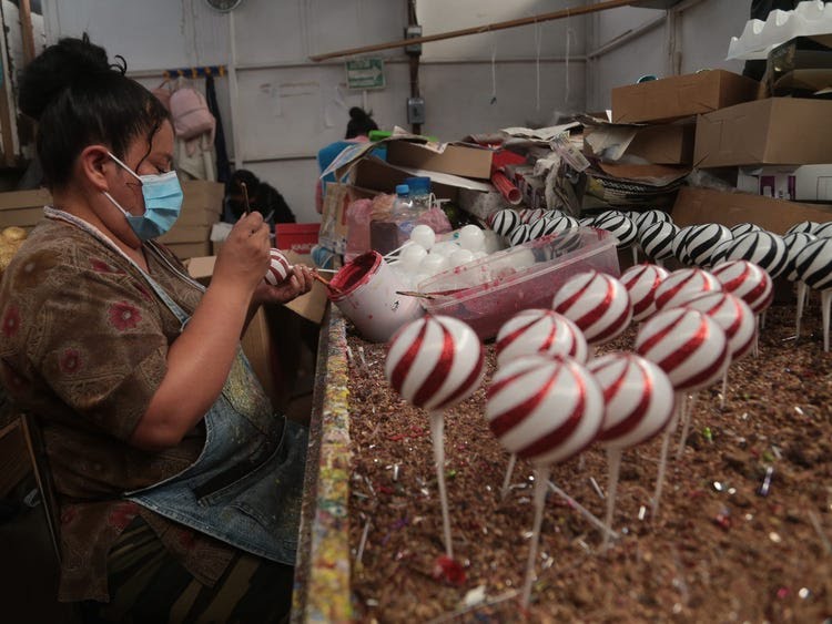 Glass baubles are seen decorated with Textil glitter on December 4, 2021 in Mexico City, Mexico.