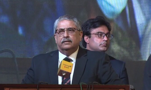 Islamabad High Court Chief Justice Athar Minallah addresses the Asma Jahangir Conference in Lahore on Saturday. — DawnNewsTV