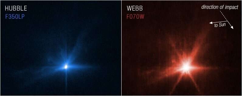 Images taken by the Hubble and James Webb space telescopes after NASA's DART spacecraft smashed into an asteroid