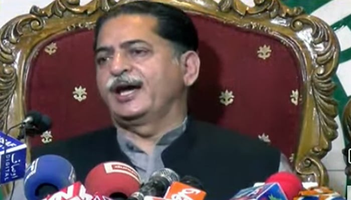 PML-Ns Javed Latif speaks during a press conference on June 24.—Geo News screengrab