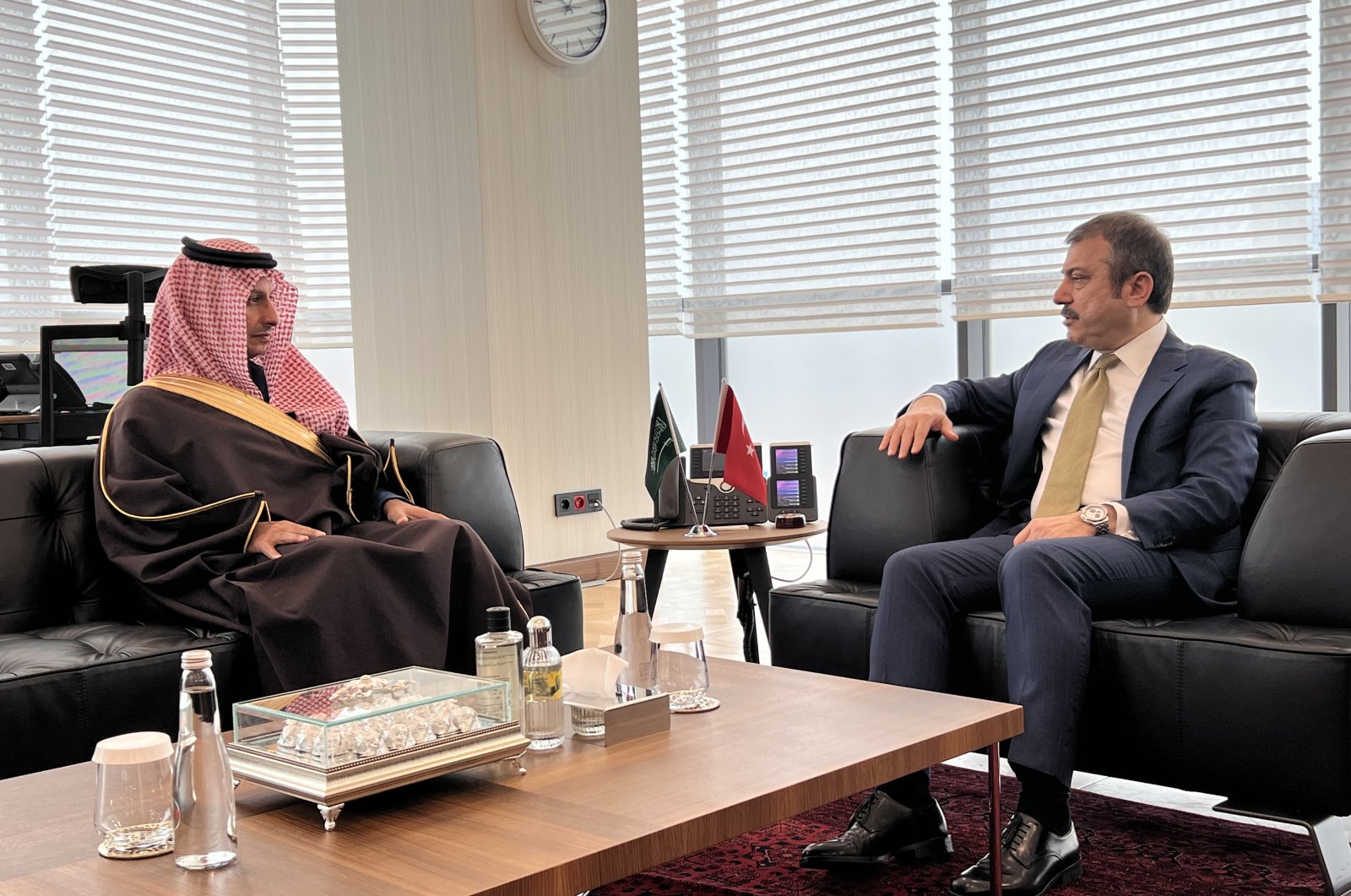 Saudi Arabia's Tourism Minister and Chair of the Saudi Fund for Development (SFD) Ahmed Aqeel Al Khateeb (L) and Central Bank of the Republic of Türkiye (CBRT) Governor Şahap Kavcıoğlu meet in Ankara, Türkiye, March 6, 2023. (Courtesy of SFD)