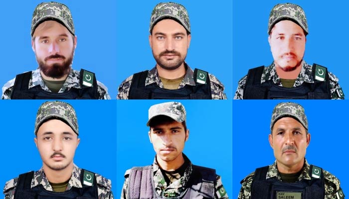 Martyred soldiers (L to R) Sepoy Nazir Khan, Naik Javed lqbal and Sepoy Bismillah Jan, Sepoy Hazrat Bilal, Sepoy Syed Rajab Hussain and Havaldar Saleem Khan. — ISPR