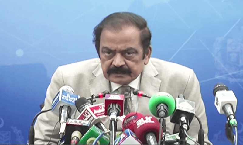 <p>Interior Minister Rana Sanaullah speaks in a press conference on Thursday.—DawnNewsTV</p>