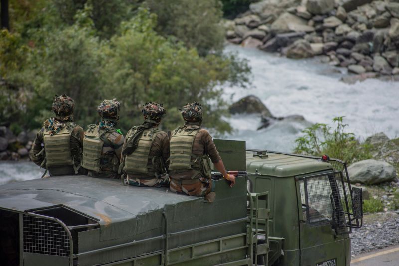 An Indian army convoy drives towards Leh, on a highway bordering China, on Sept. 2.