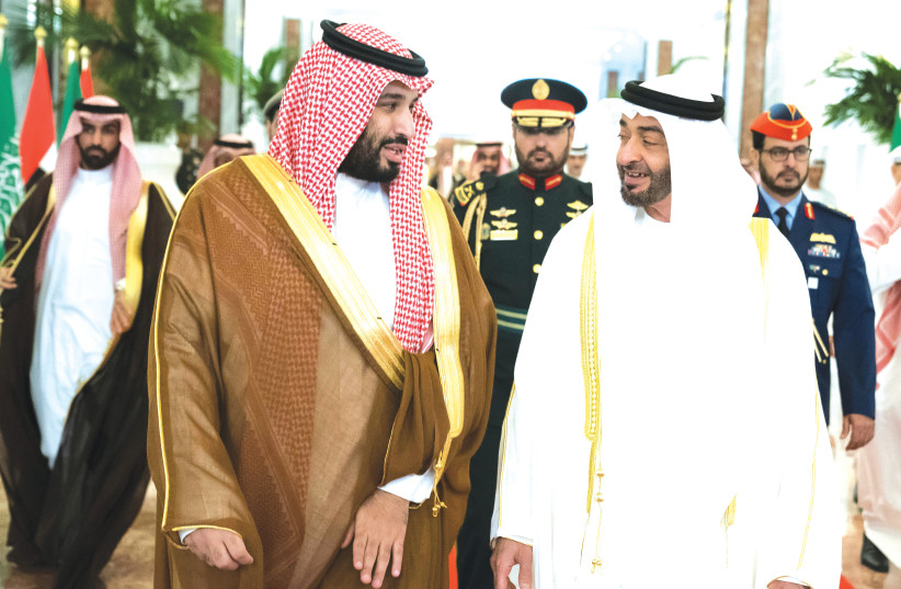 Prime Minister Benjamin Netanyahu finds allies in his fight against Iran. In Abu Dhabi, Crown Prince Sheikh Mohammed bin Zayed Al Nahyan (right) and in Saudi Arabia, Crown Prince Mohammed bin Salman. (photo credit: MARC ISRAEL SELLEM/THE JERUSALEM POST/REUTERS)