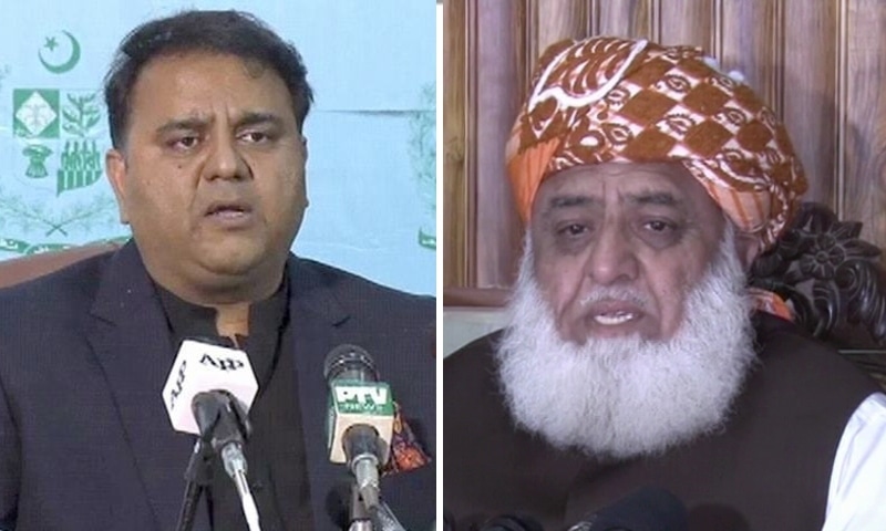 This file photo shows Minister for Information and Broadcasting Fawad Chaudhry (left) and JUI-F chief Maulana Fazlur Rehman. — DawnNewsTV/File