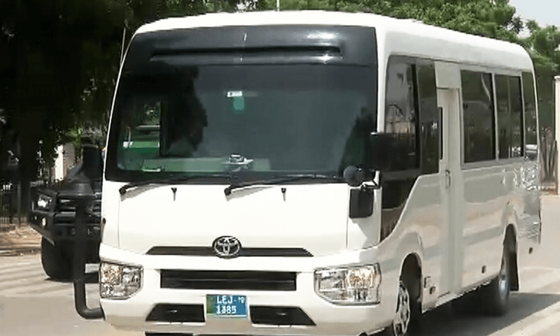 <p>This image shows the England team players travelling in a bus after arriving in Karachi. — DawnNewsTV</p>