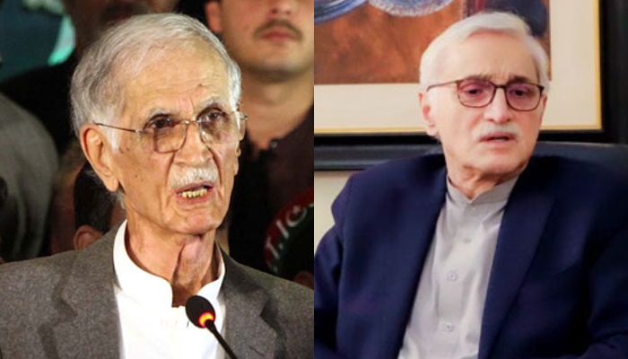 Former defence minister Pervez Khattak (left) and Istihkam-e-Pakistan Party chief Jahangir Tareen. — PPI/Facebook/Jahangir Tareen