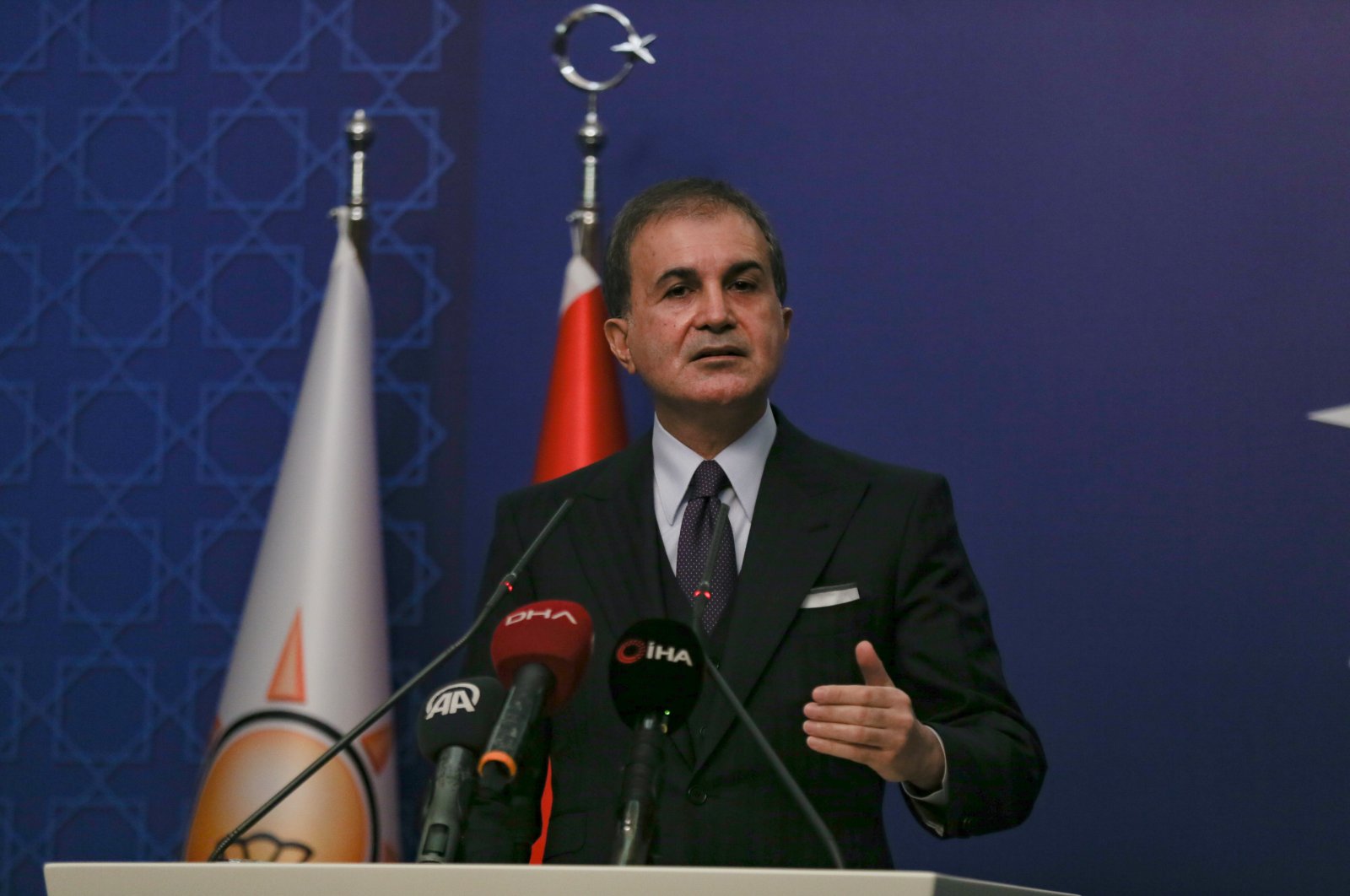 Ruling Justice and Development Party's (AK Party) spokesman Ömer Çelik speaks during a press conference in Ankara on Feb. 13, 2021 (AA Photo)