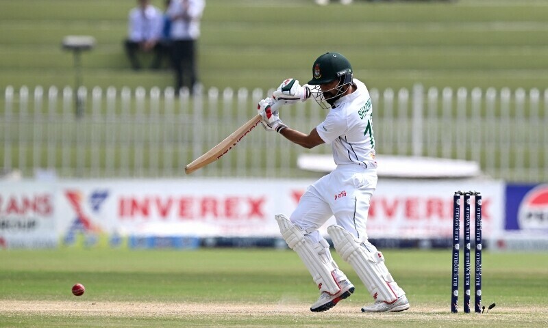 Bangladesh’s Shadman Islam plays a shot during the fifth and final day of the second and last Test cricket match between Pakistan and Bangladesh, at the Rawalpindi Cricket Stadium in Rawalpindi on September 3, 2024.—AFP