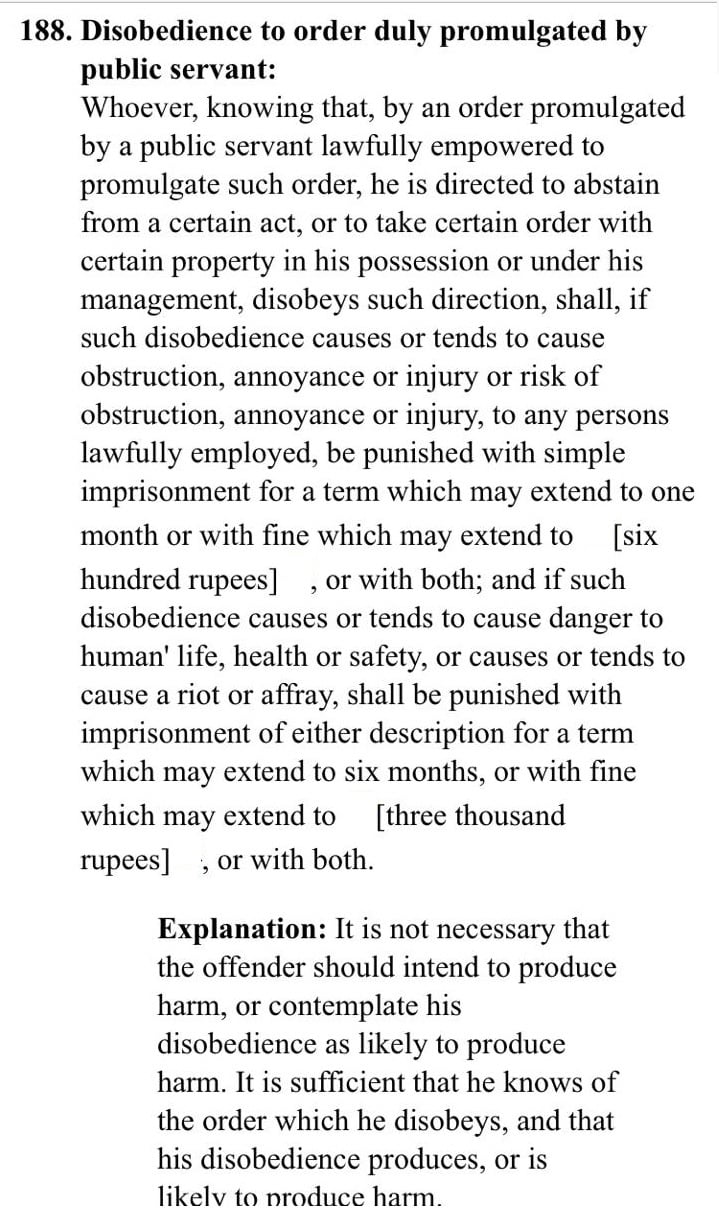 Section-188 of the Pakistan Penal Code.