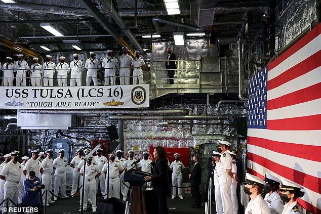 The USS Tulsa, pictured during a visit by Kamala Harris in August 2021, will be scrapped