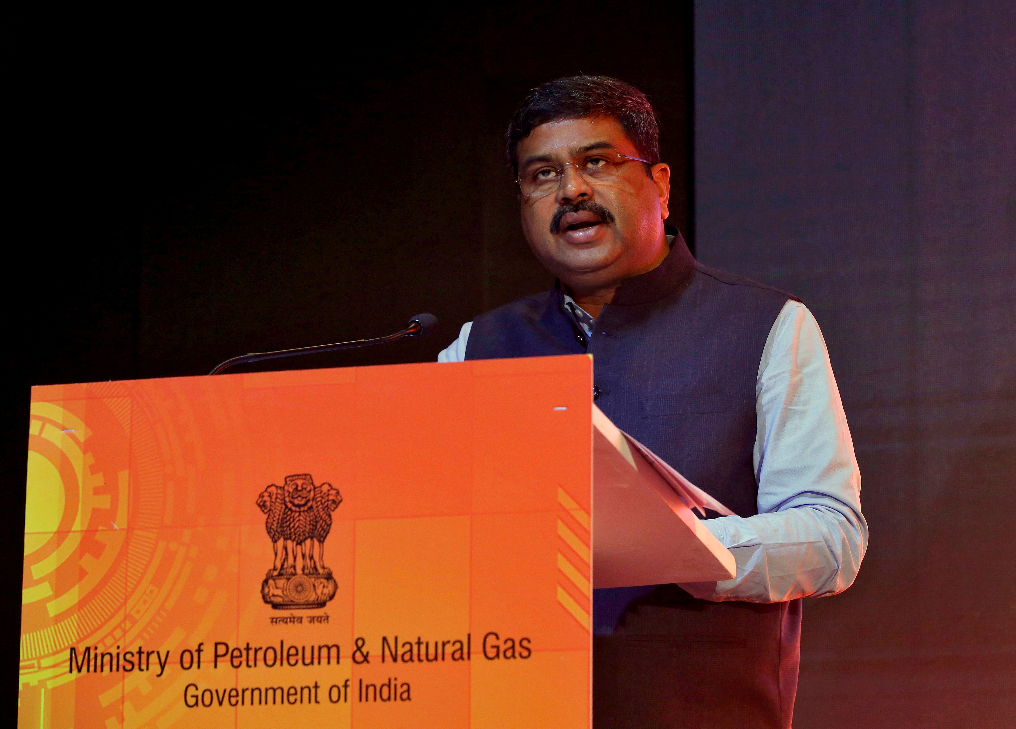 India's Oil Minister Dharmendra Pradhan speaks at a road show organised by the Directorate General  of Hydrocarbon (DGH) in Mumbai, India, October 26, 2017. REUTERS/Shailesh Andrade