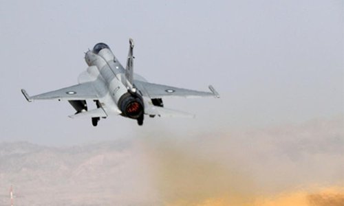 A JF-17 fighter jet attached to the Pakistan Air Force flies towards the designated airspace during an air-to-ground offensive operation drill conducted by two Chinese JH-7 fighter bombers and two Pakistani JF-17 fighter jets on Sept. 20, 2017, which is part of the Shaheen VI  joint training exercise launched by the air forces of China and Pakistan on Sept. 8 and scheduled to conclude on Sept. 27, 2017. Photo: eng.chinamil.com.cn