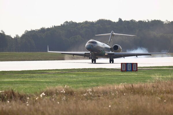 The fifth of five Global 6000 business jets to be converted to the GlobalEye configuration for the UAE arrives at Saab's Linkoping facility in Sweden. (Bombardier)