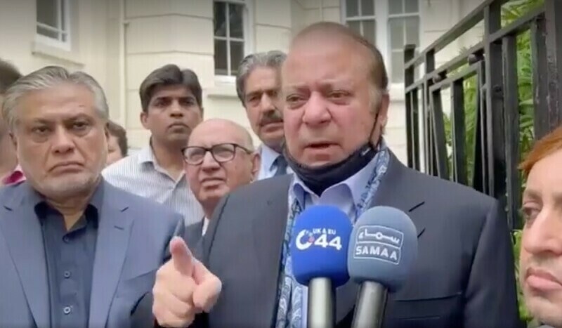 In this file photo, PML-N supremo Nawaz Sharif talks to media in London. — screengrab