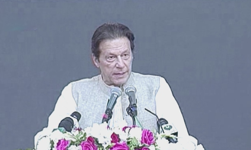 Prime Minister Imran Khan addresses a Tiger Force convention in Islamabad on Saturday. — DawnNewsTV