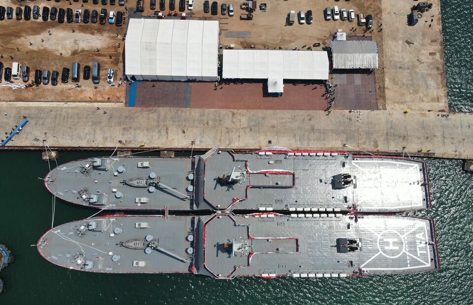 The aerial view of two locally-made tank landing ships docking in Batam, Oct. 26, 2021. (Photo courtesy of the Defense Ministry)