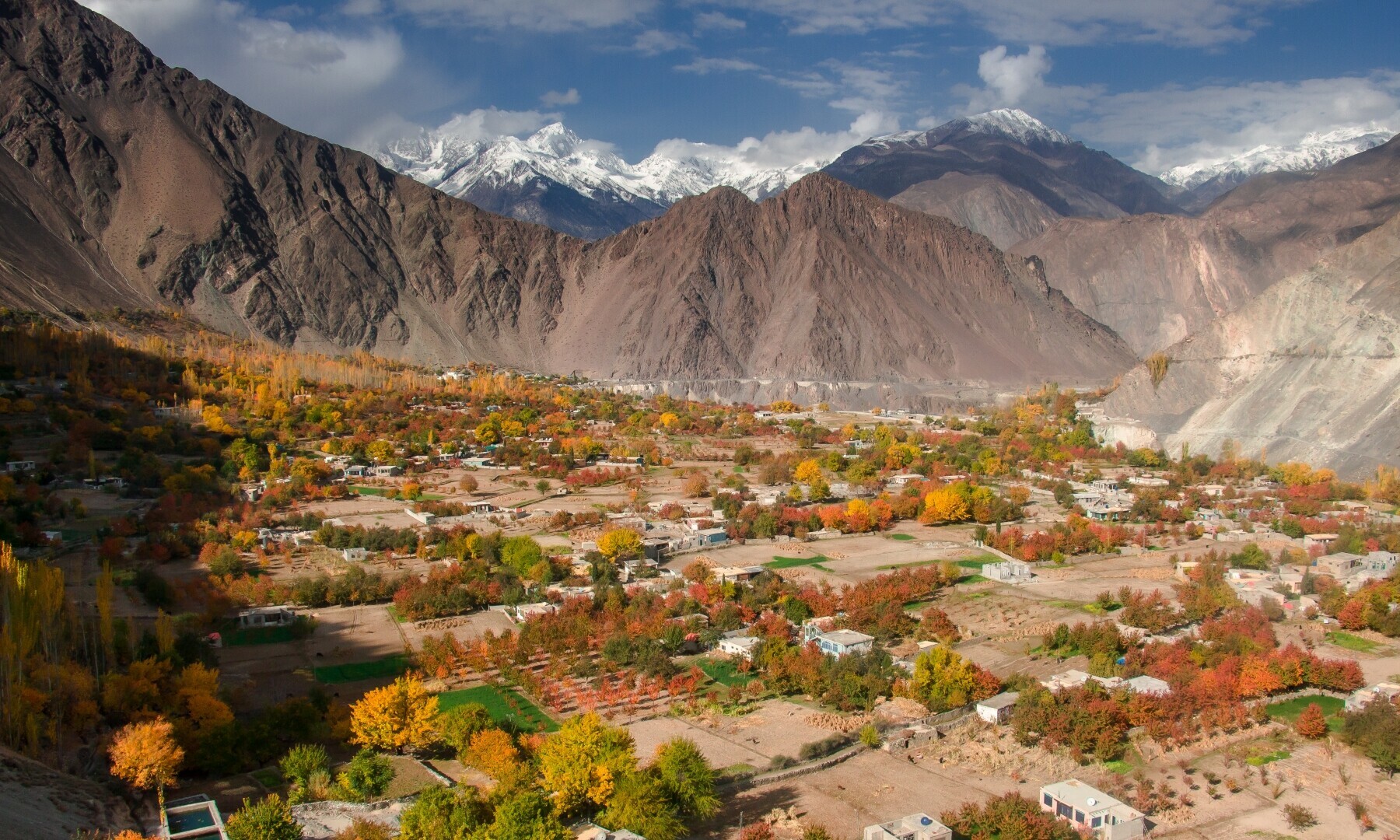 A bird eye view of a village of Hunza valley along with Karakoram Highway