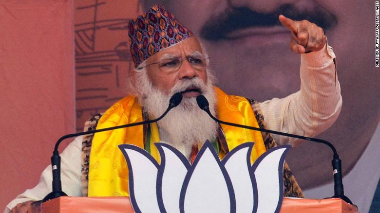 Indian Prime Minister Narendra Modi at a rally during the pandemic in West Bengal on April 10. 