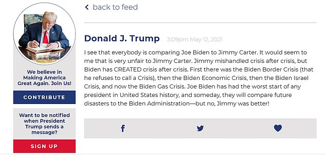 Trump attacked Biden on Wednesday, using his new website feature to publish a statement linking his successor to a string of crises and comparing him with President Jimmy Carter